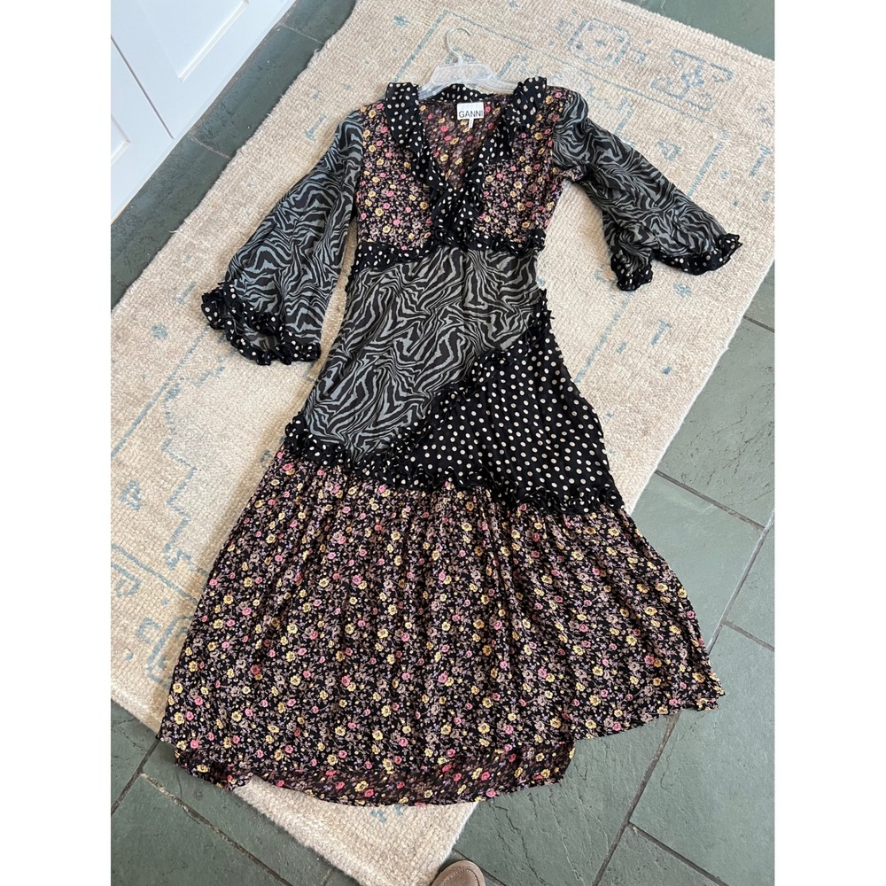 Ganni Mixed Print Georgette Midi Dress Boho Polka Dot Ruffle V-Neck